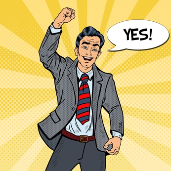 Pop Art Excited Businessman Celevrating Business Success. Vector illustration